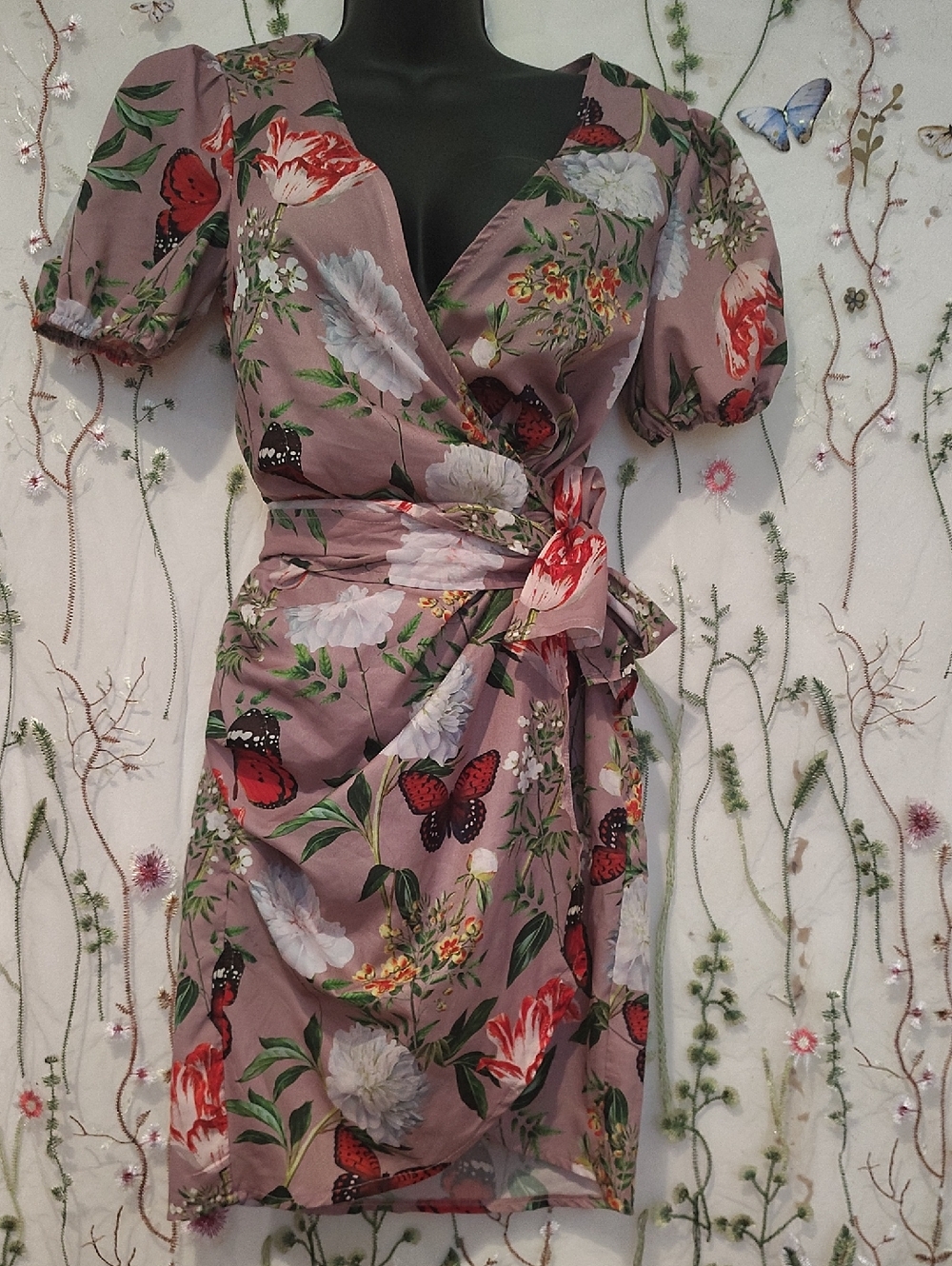 PrettyLittleThing Mauve Floral & Butterfly Wrap Mini Dress